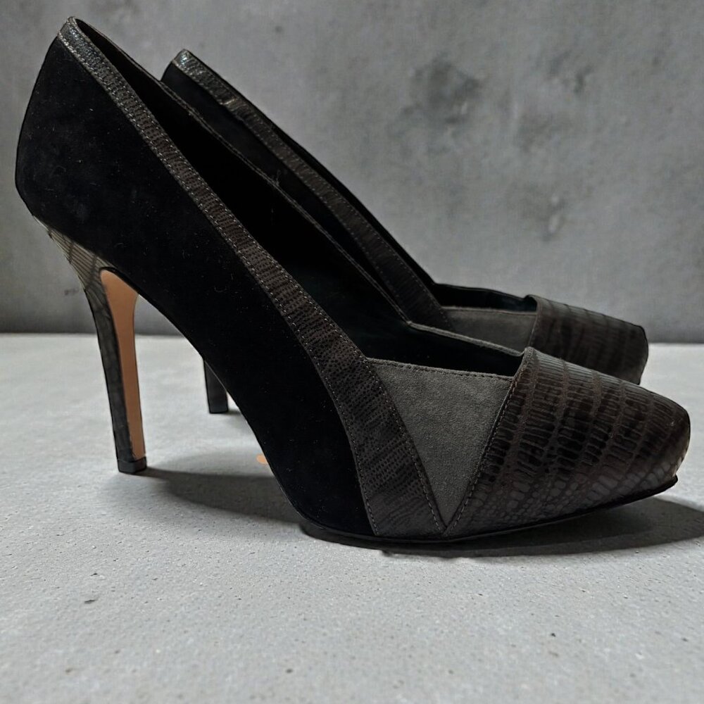 White House Black Market Black & Gray Leather Pointed-Toe Heels 4" Stiletto 8.5